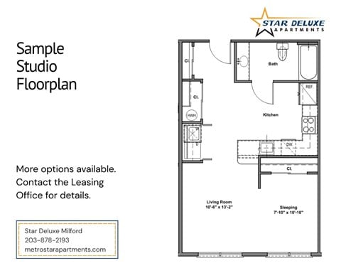 Floor plan for studio, 1 bath, 584 sqft